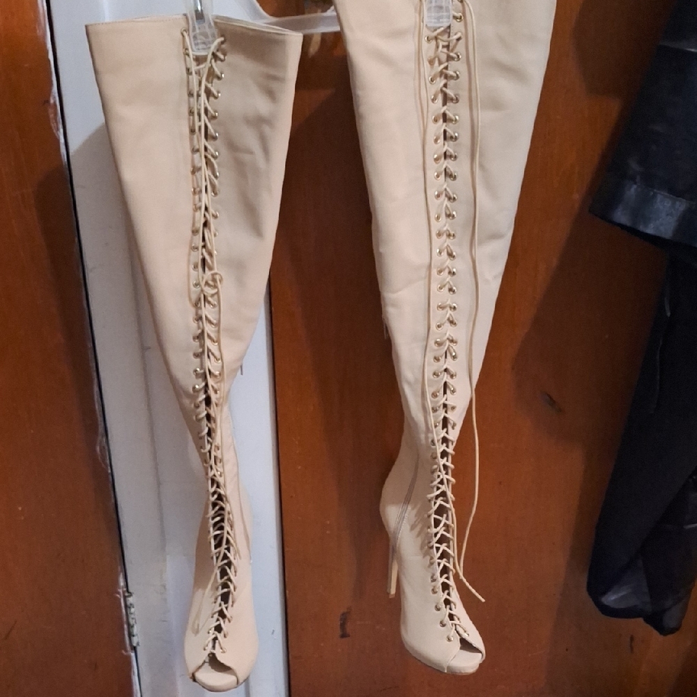 Glaze Beige Lace-Up Over the Knee Boots - Picture 5 of 6